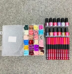 576 Pcs Artificial Nails Set with Glue, 12 Peel-Off Nail Paints & 12 Jumbo Pencils Combo Pack