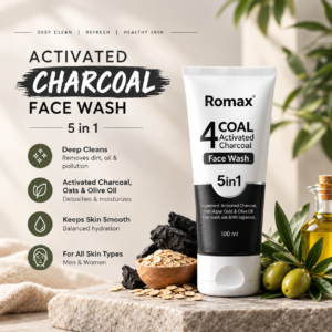 Romax Activated Charcoal 5 in 1 Face Wash 100ml | Deep Cleansing & Detoxifying Face Wash with Oats & Olive Oil